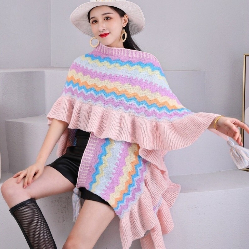 Pastel Rainbow Kawaii Fairy Kei Frilly Open Front Longlike Cardigan Sweater - Picture 6 of 7